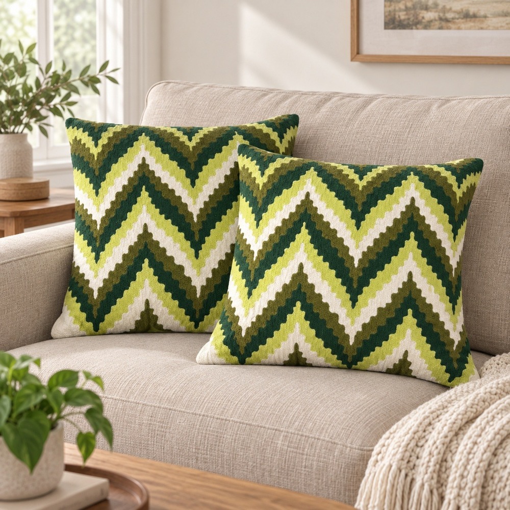 Surya Set of 2 Green Embroidered Chevron Throw Pillows 18x18 Inserts Included